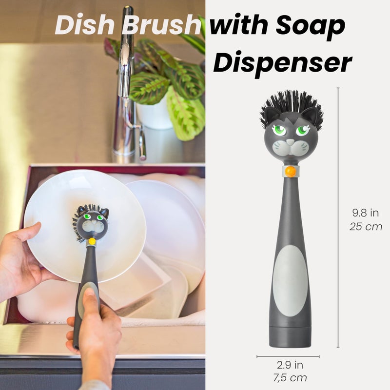 Vigar Felix Cat-Shaped Soap Dispensing Dish Brush, Dish Brush with Soap Dispenser for Pot Scrubber, Dishes, Sink, and Kitchen Essentials, Black, Gray - Image 3